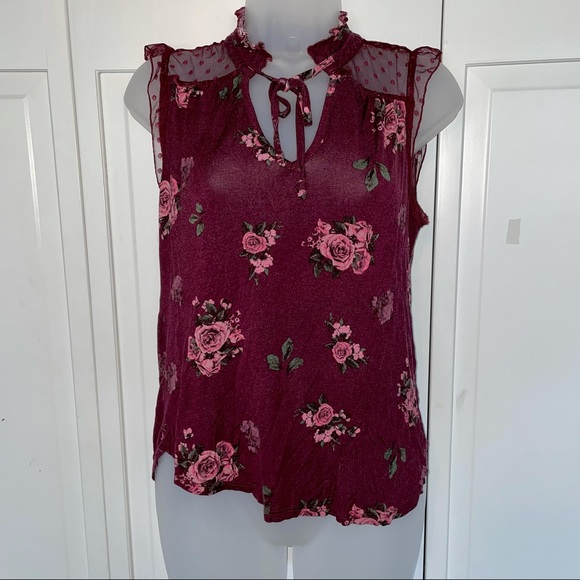 Burgundy Floral Lace Mesh Tie Neck Sleeveless - Picture 2 of 11